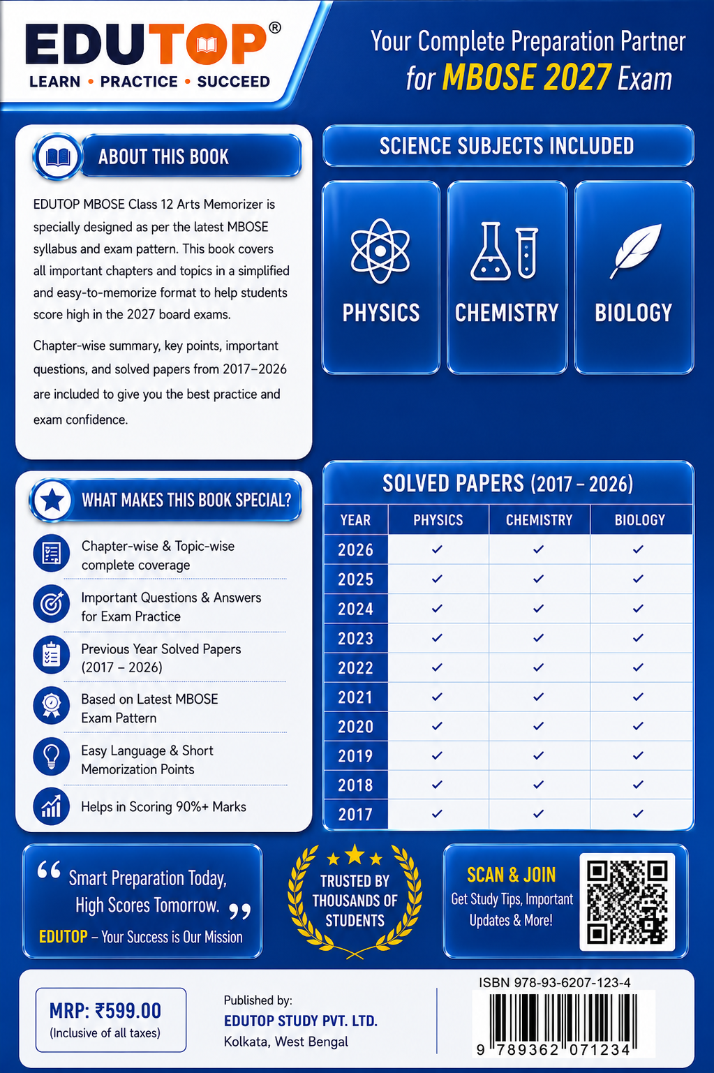 EDUTOP MBOSE Class 12 Science Memorizer 2027
Physics • Chemistry • Biology
Marks Booster | 2017–2026 Solved Papers